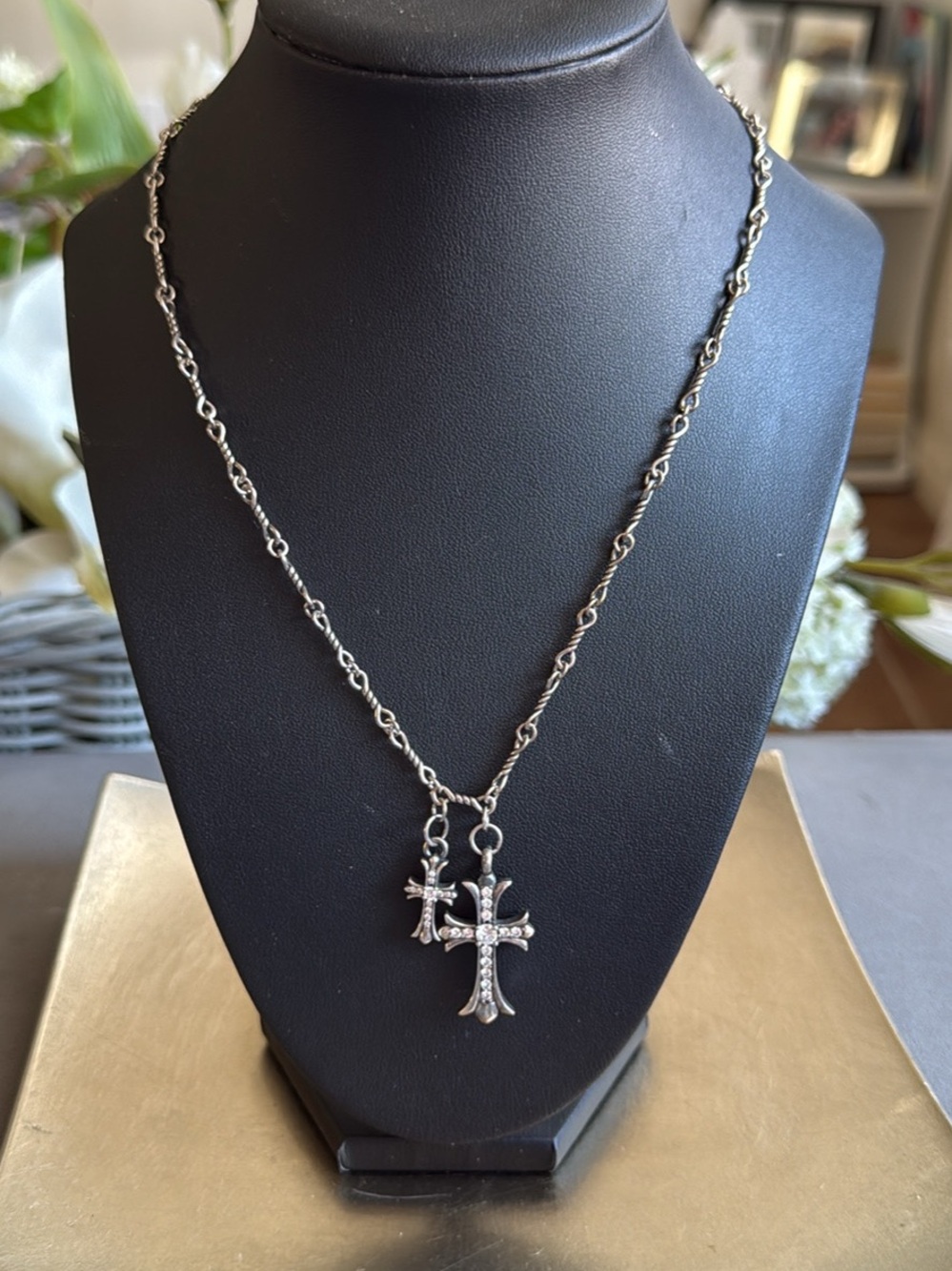 Men’s Sterling Silver 925 Double Cross Pendant Necklace - Edgy